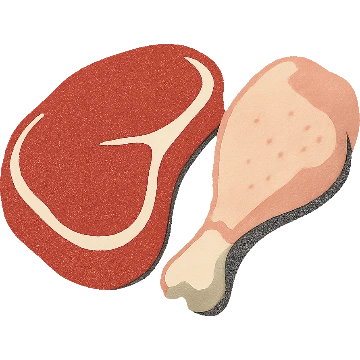 A beef steak and a chicken drumstick